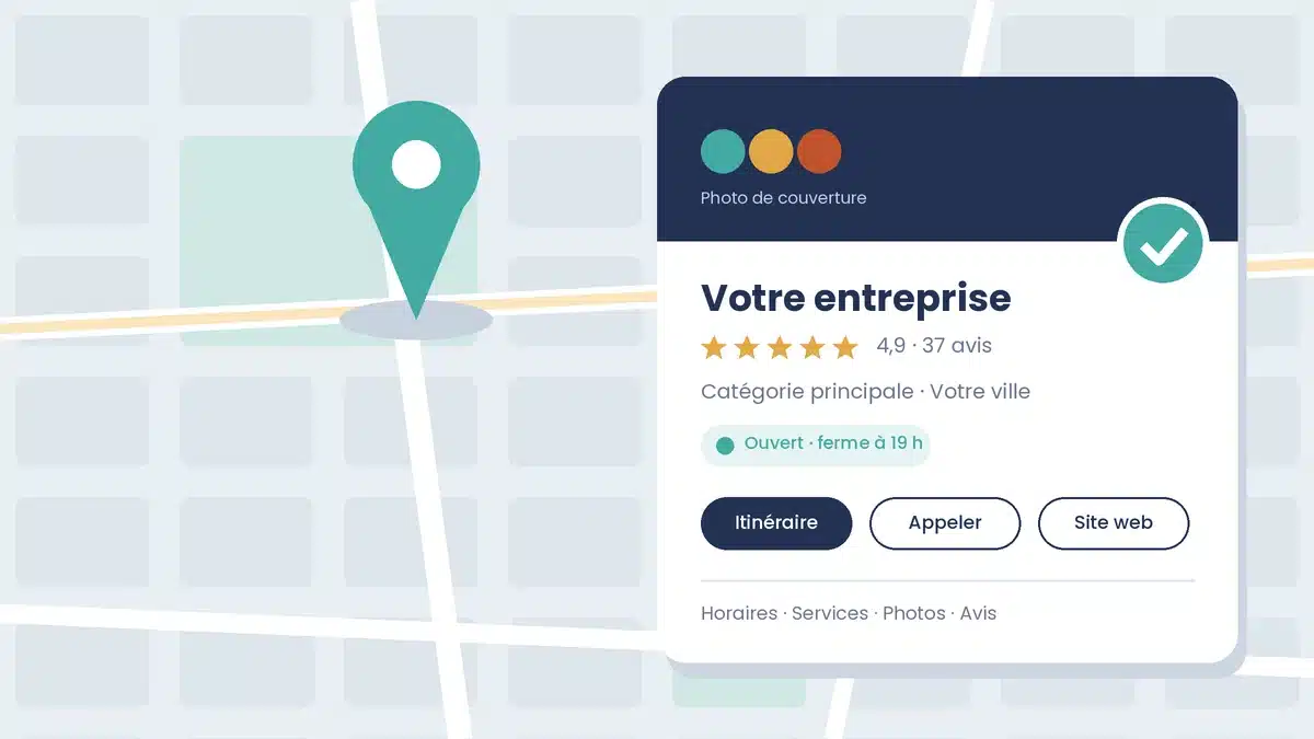 Illustration d'une fiche Google Business Profile optimisée avec note, horaires et boutons d'action