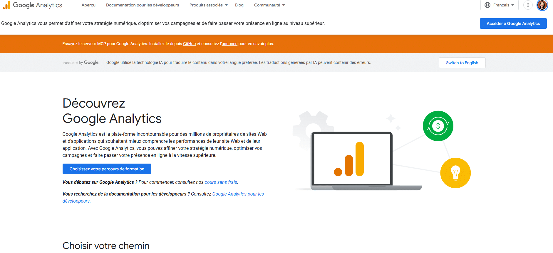 Page d'accueil Google Analytics avec le bouton Accéder à Google Analytics