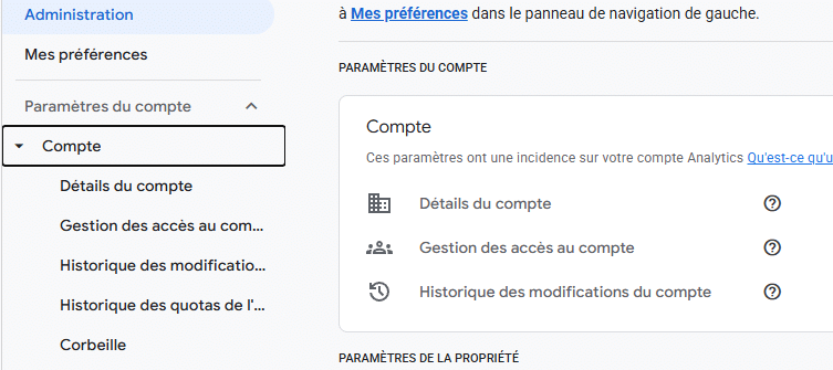 Menu Paramètres du compte, Gestion des accès au compte dans Google Analytics